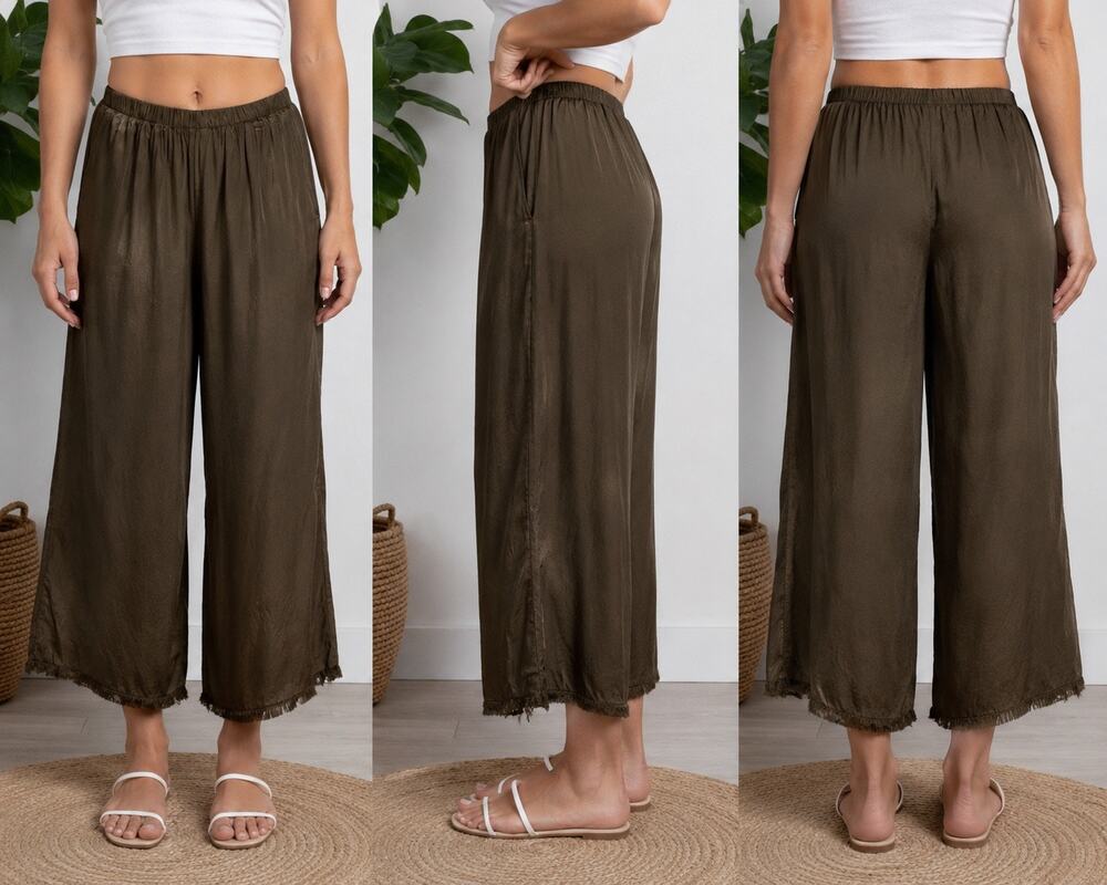 9seed Petite Small Olive Green Satin Wide Leg Cropped Pants Made in California